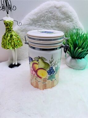 Ceramic Fruit Canister with Clamp Lid - White with Multicolor Fruit Motif 🍎